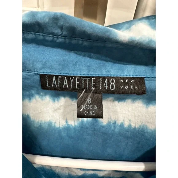 LAFAYETTE‎ 148 NEW YORK Tie Dye Blue White Button Down Shirt Top Size 8 - Picture 3 of 6
